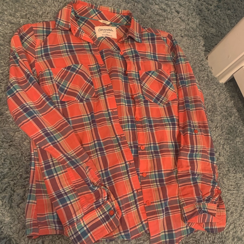Women’s coral and blue plaid button down shirt